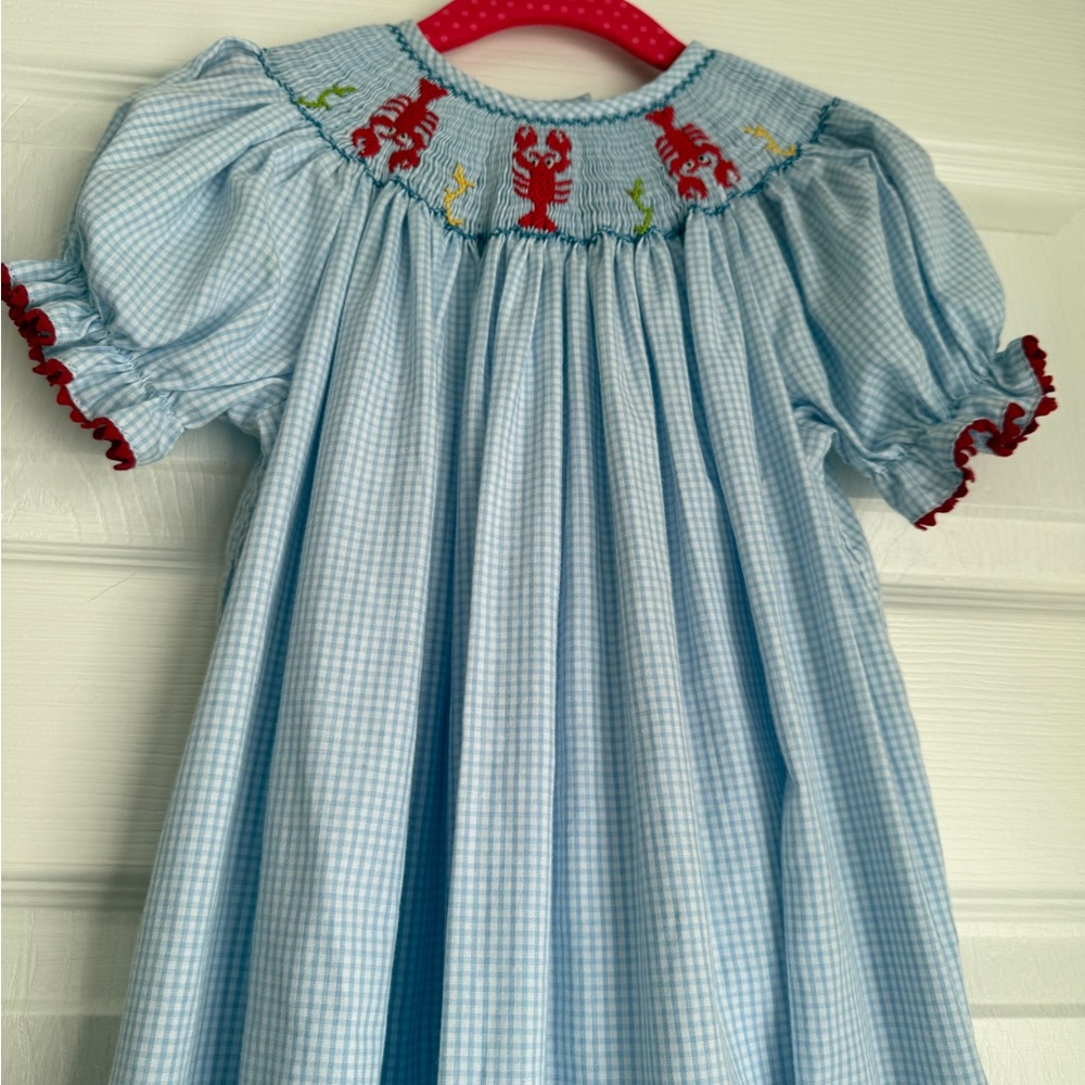 Blue Gingham Dress with Lobster Embroidery